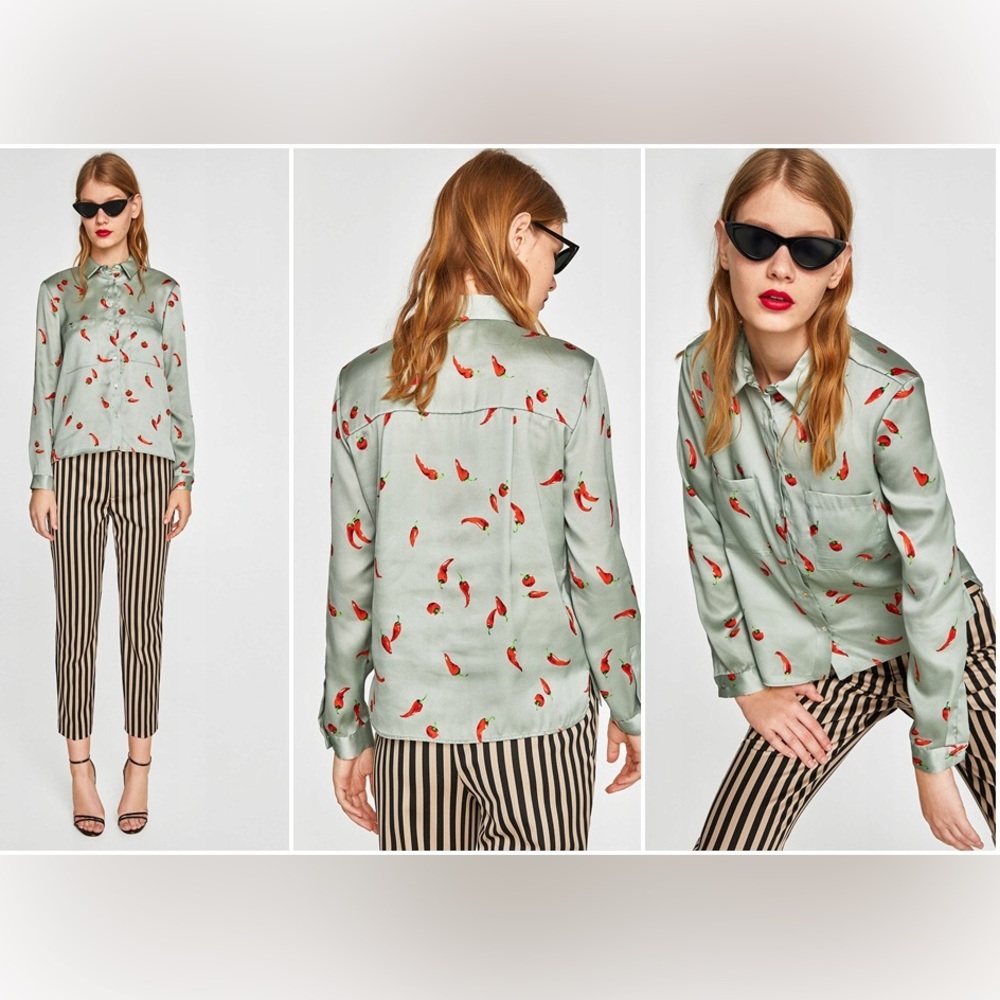 Zara Mint Green Red Peppers Blouse